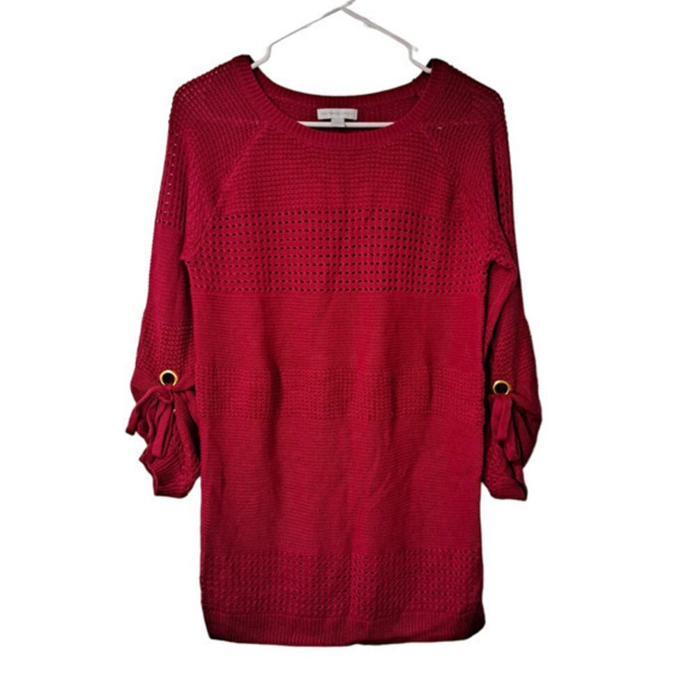 New York & Company Womens Pullover Tie‎ Sleeves Open Knit Sweater red Size S